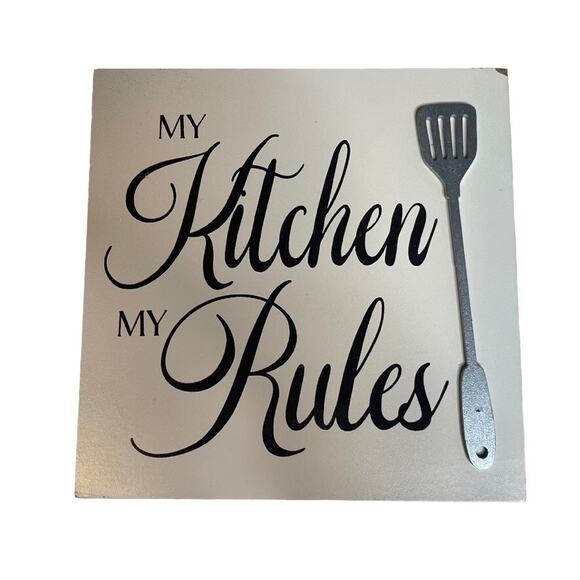 ASHLAND My Kitchen My Rules Wood Block Sign Decor Spatula White Black Silver - Picture 1 of 1